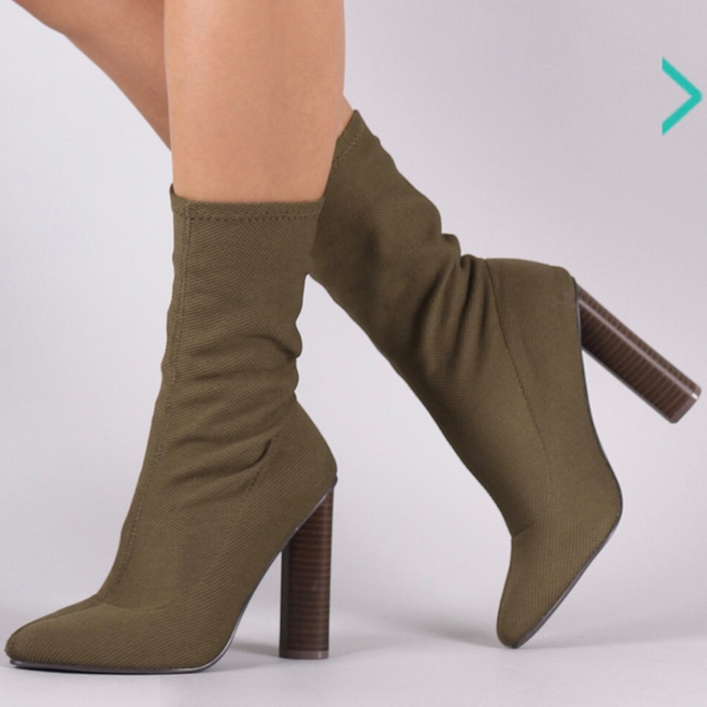 Qupid | Khaki Stretch Knit Ankle Boots